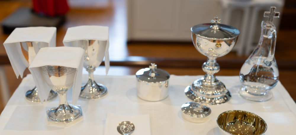 Communion vessels prepared for worship.